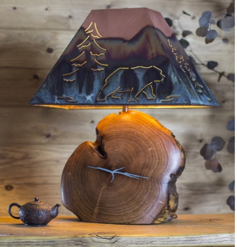 Mesquite Lamp with Turquoise Inlay and Copper Shade