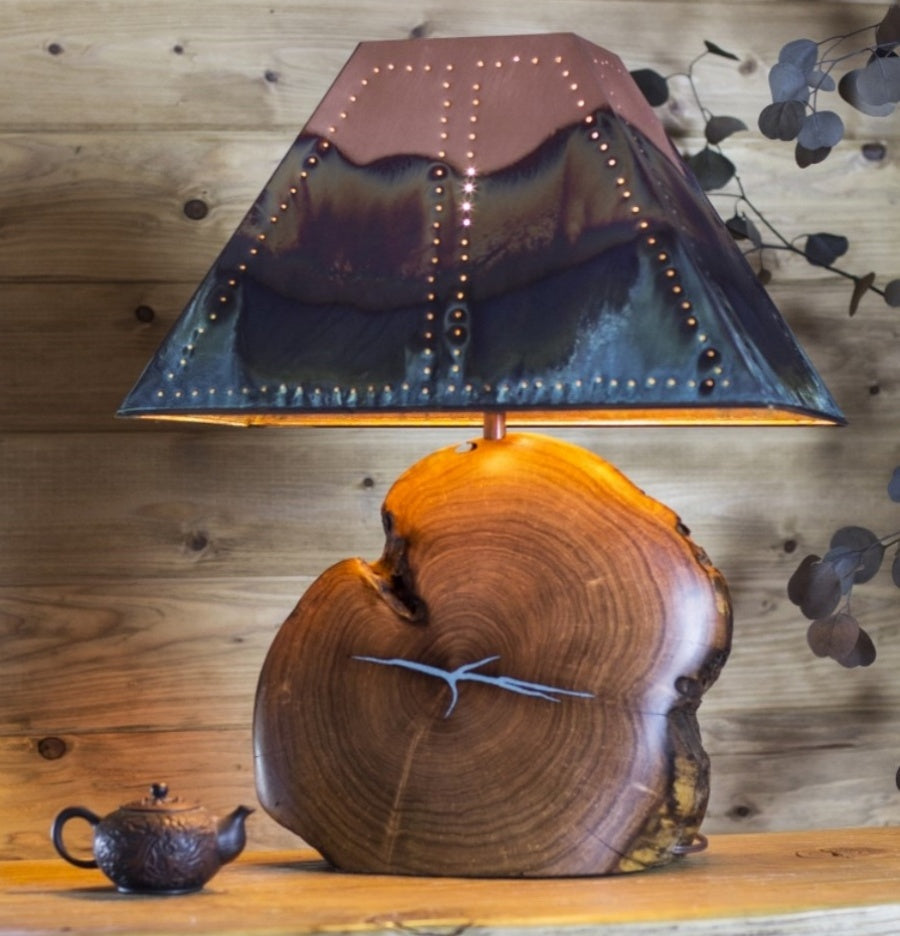 Mesquite Lamp with Turquoise Inlay and Copper Shade