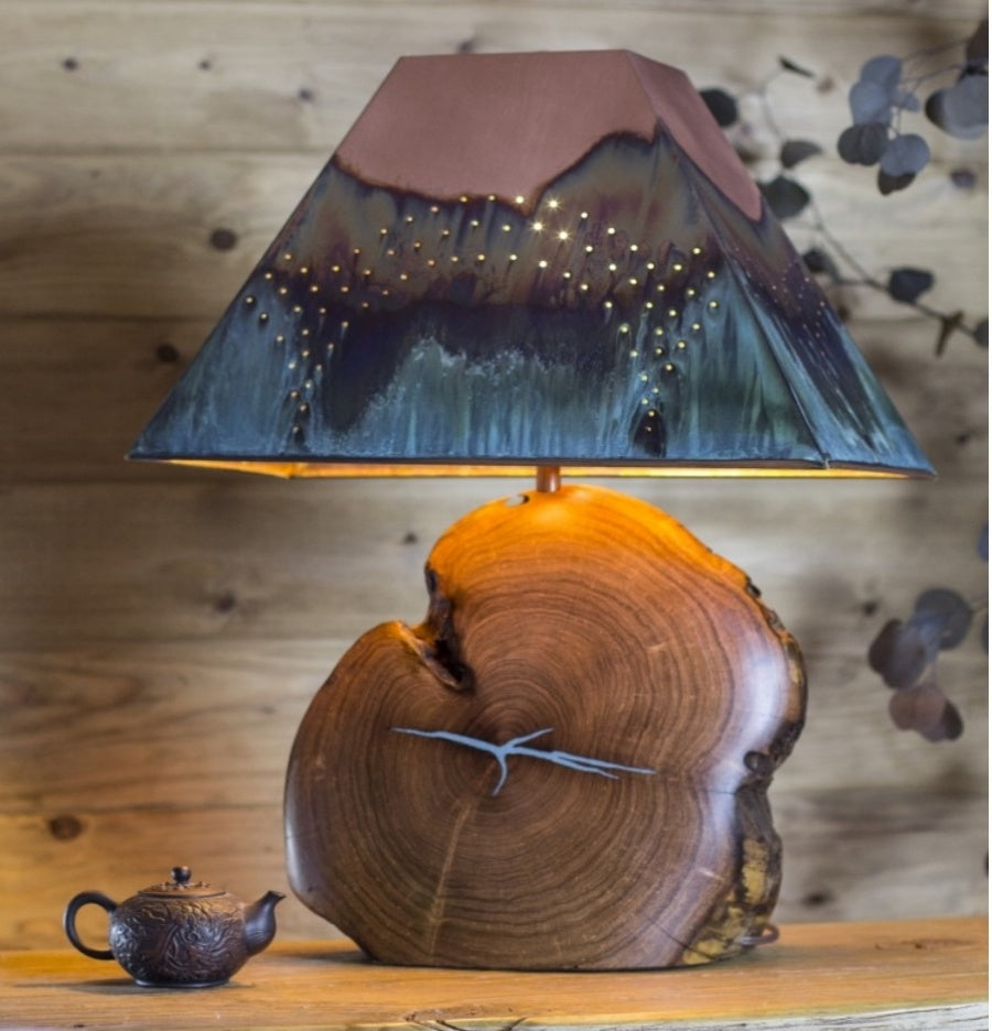 Mesquite Lamp with Turquoise Inlay and Copper Shade